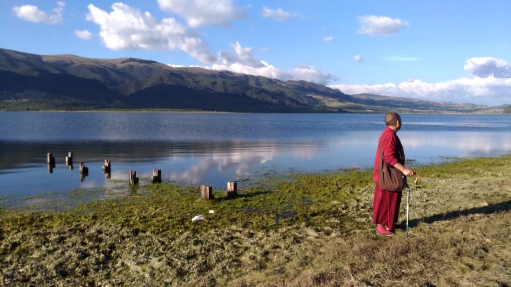 Monje budista caminando por la orilla de un lago.