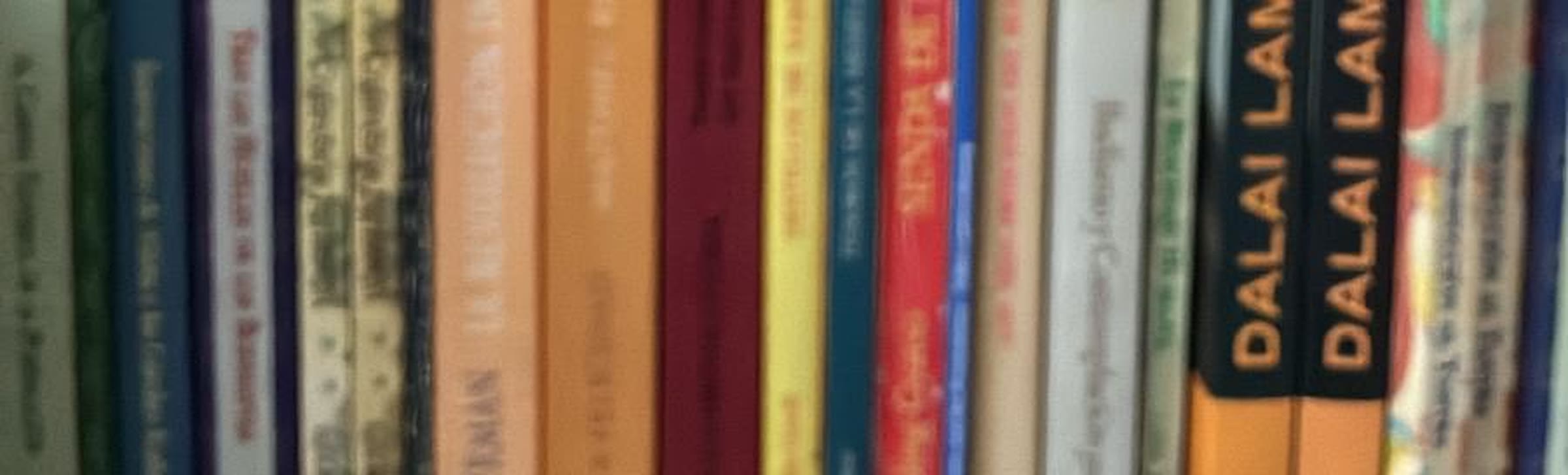 La estantería de la biblioteca del Centro Yamantaka, con libros de su colección.